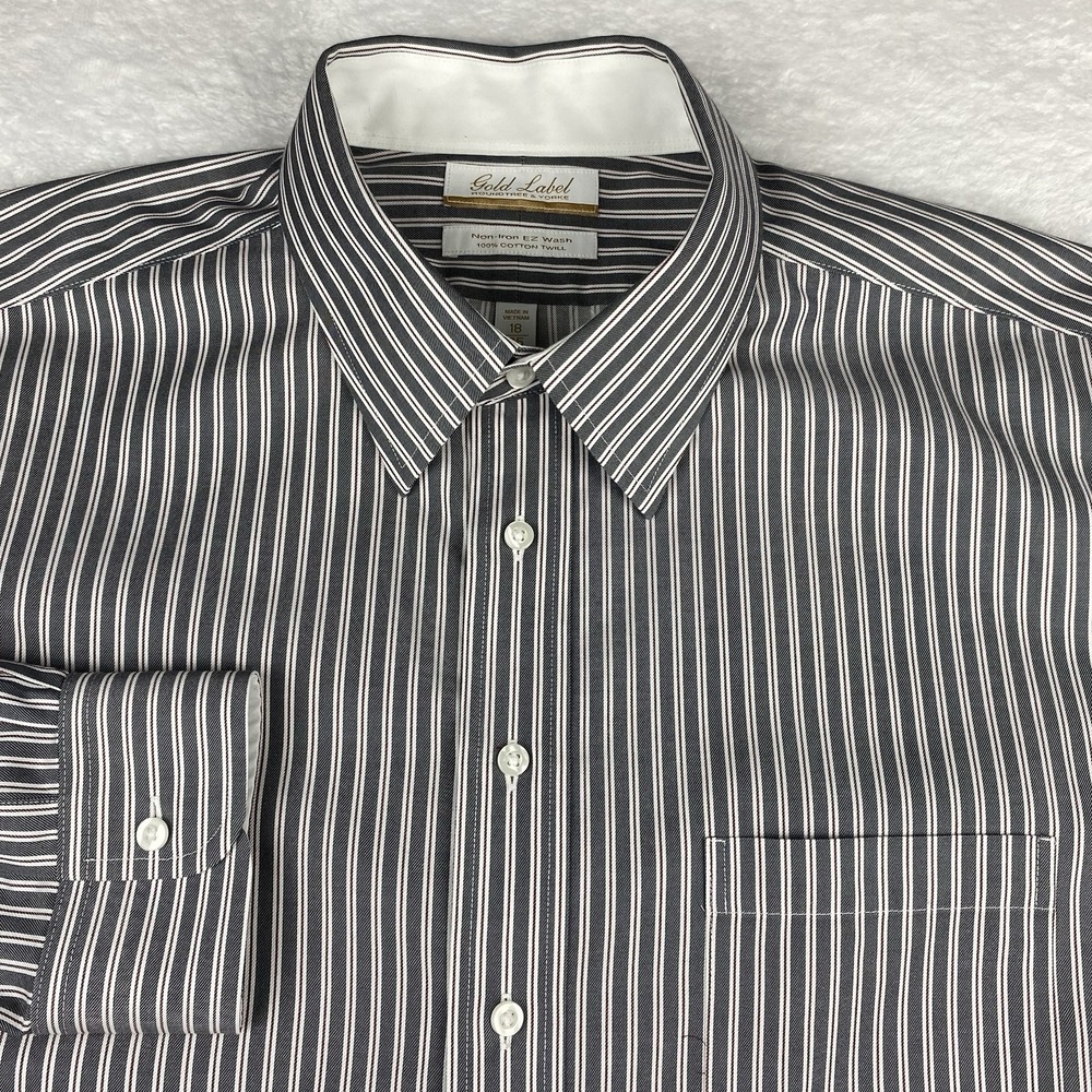 Roundtree & Yorke Gold Label Dress Shirt Mens 18-35 Gray Stripes Twill No Iron